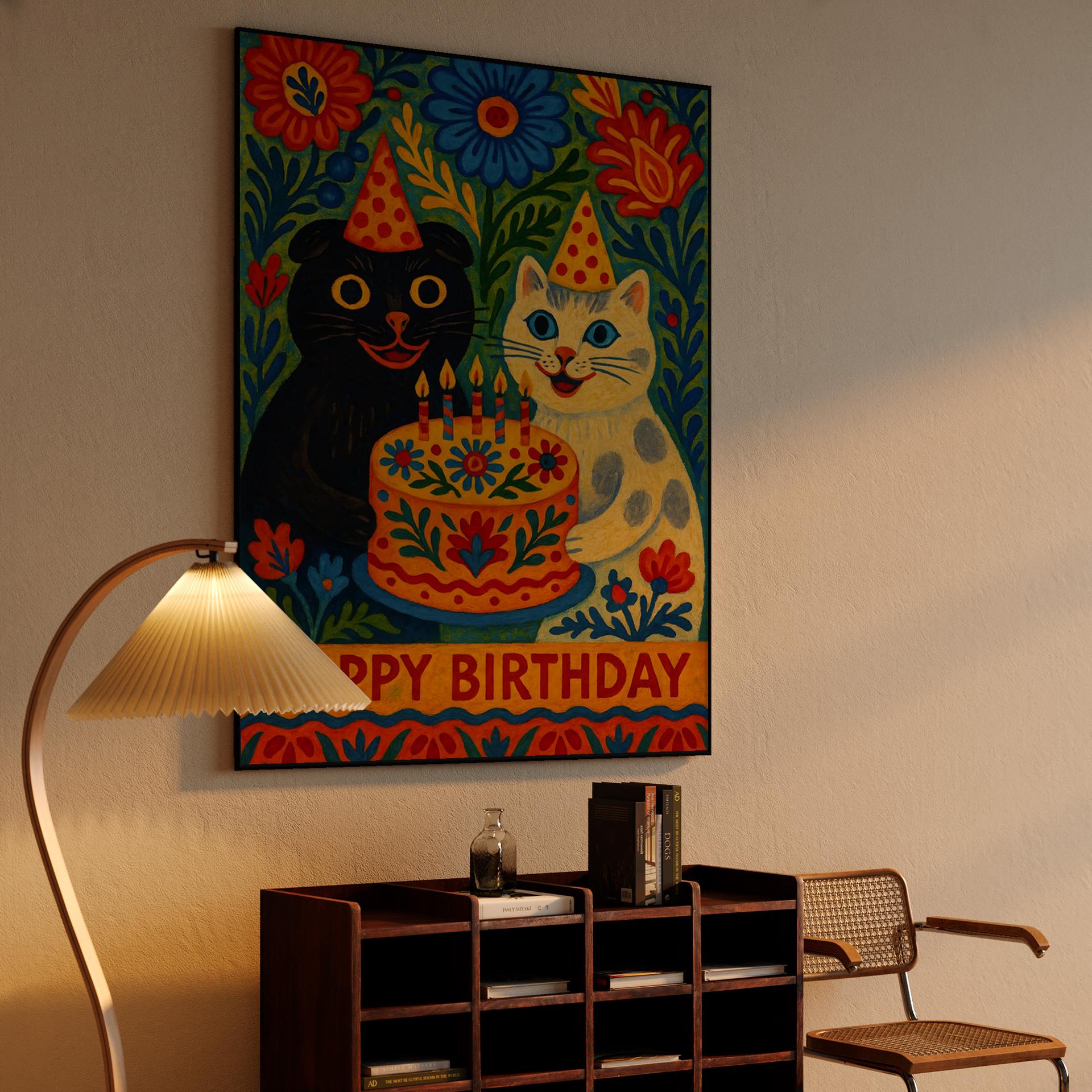 Whimsical Folk Art Birthday Cats with Cake