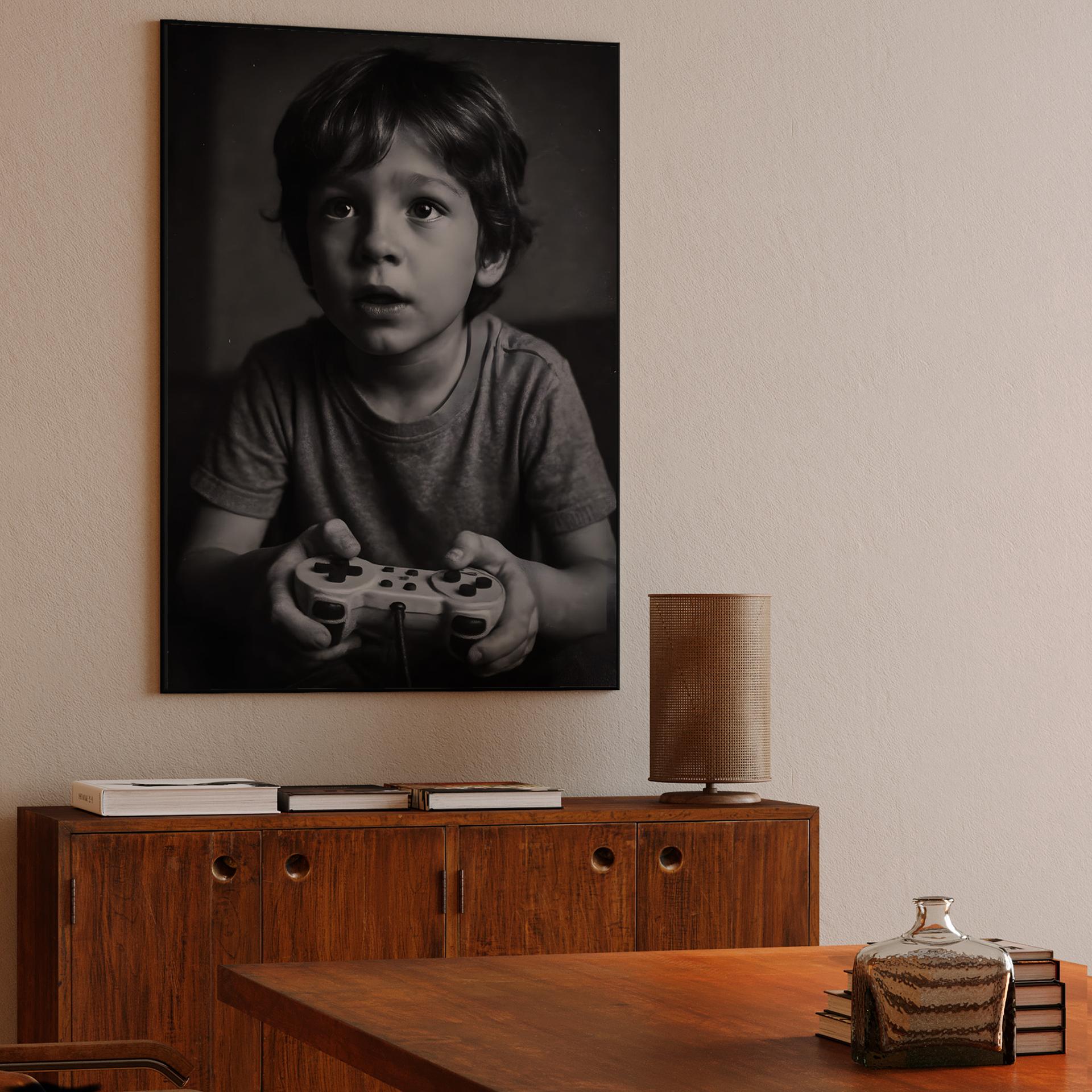 Young Gamer Focused with Retro Controller Portrait