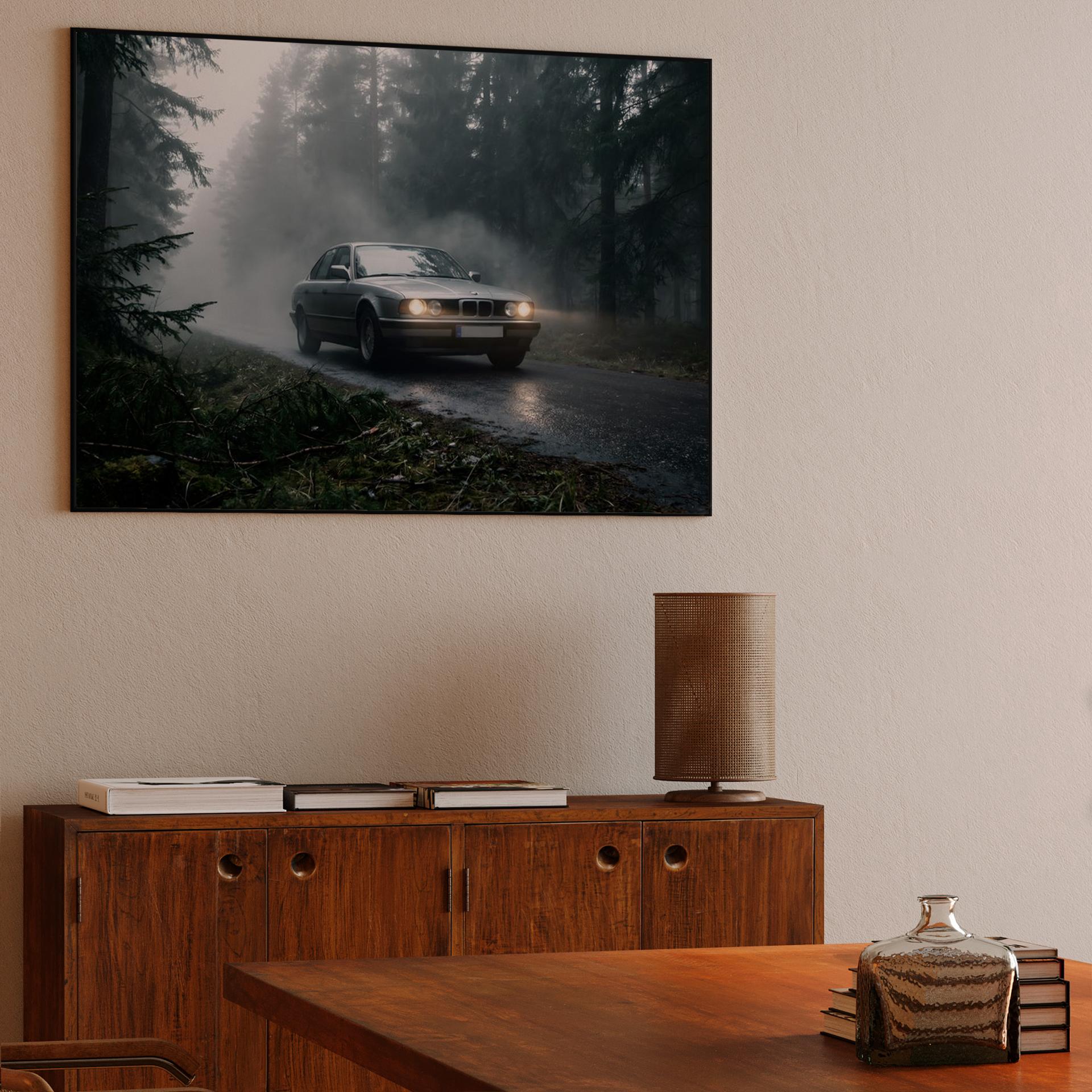 BMW E34: Foggy Forest Sentinel