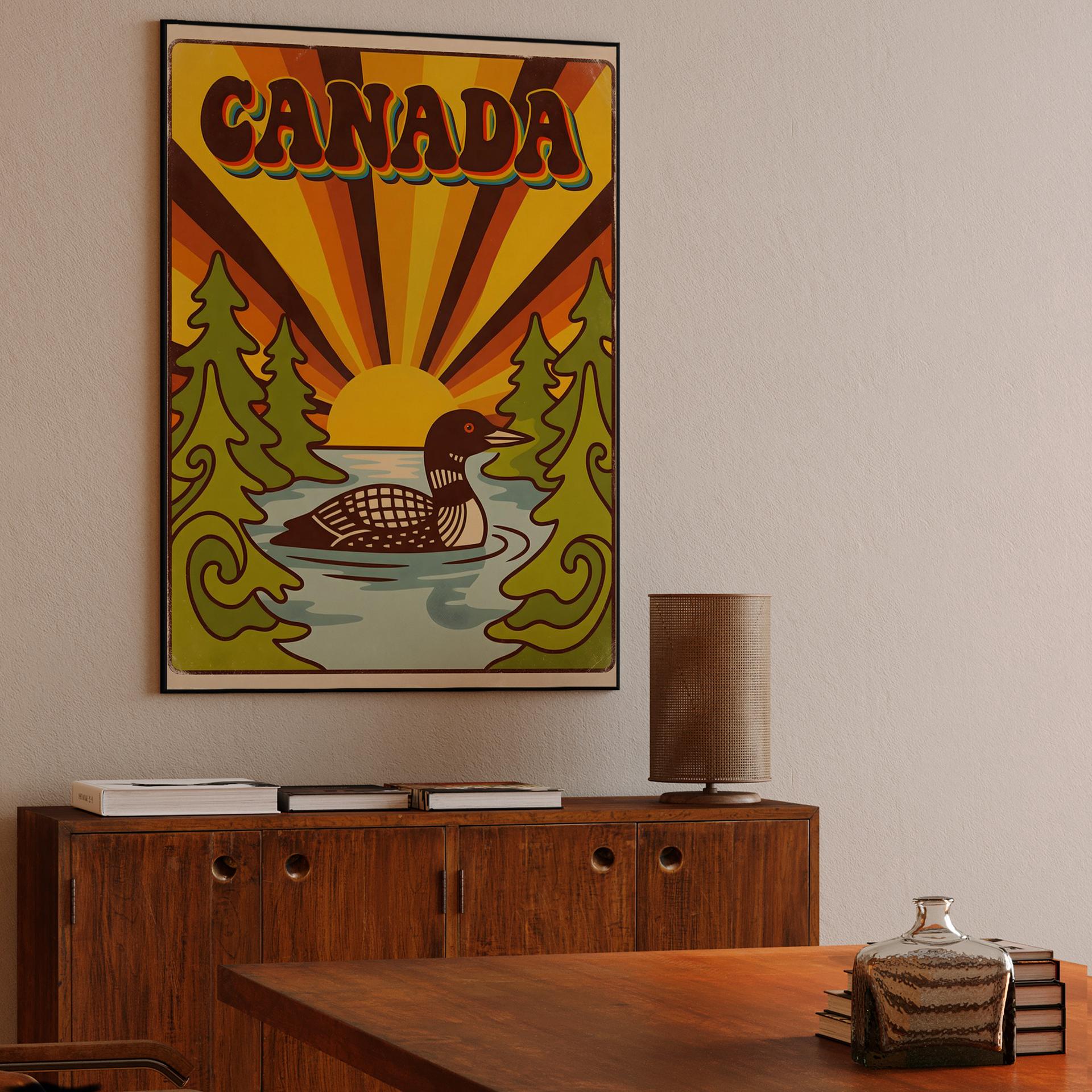 Retro Canada Loon Sunburst Travel Poster