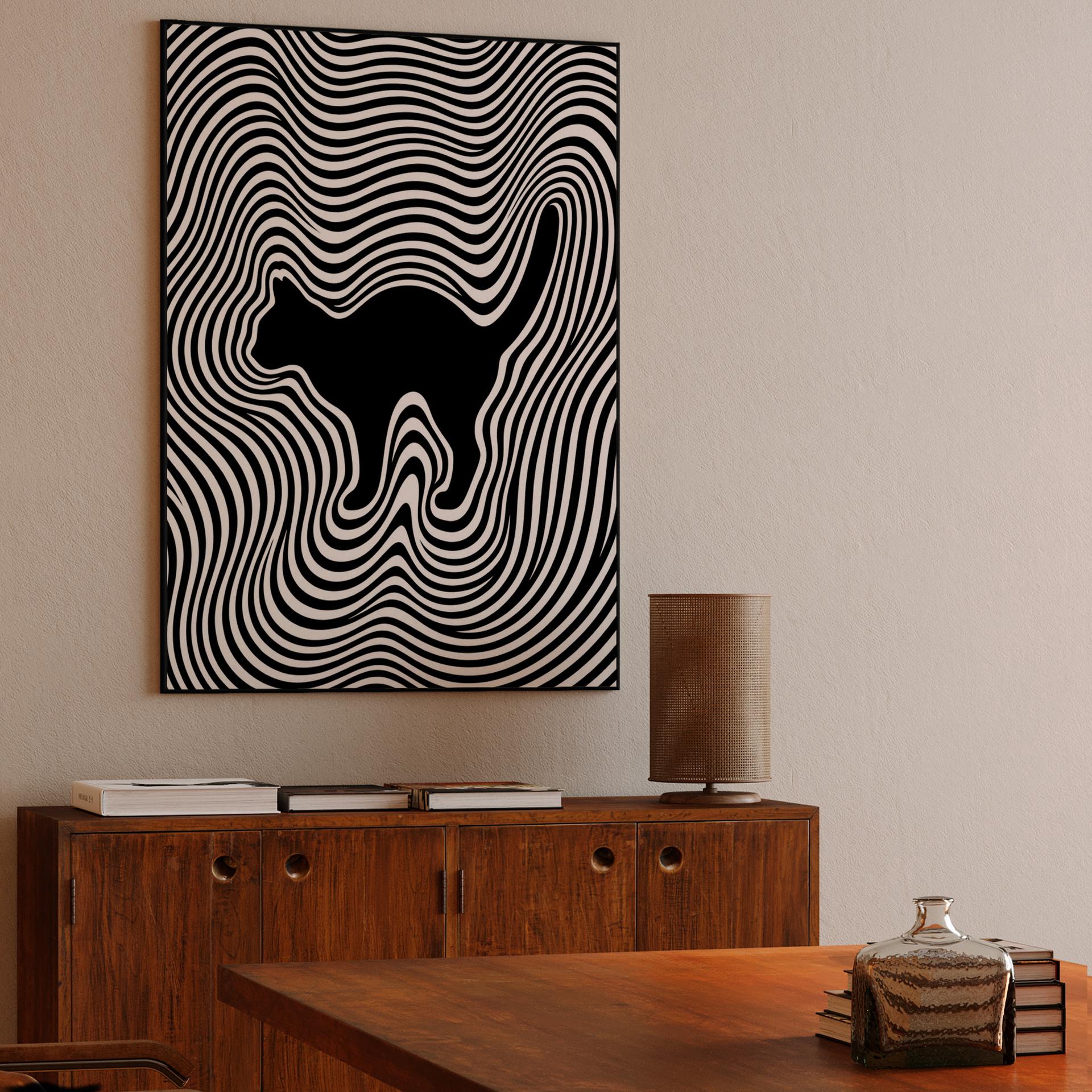 Hypnotic Feline Ripple: Op Art Cat Silhouette