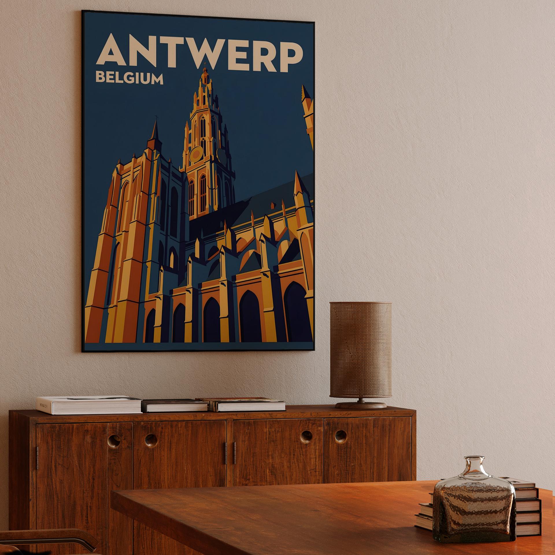 Antwerp Cathedral Retro Travel Poster