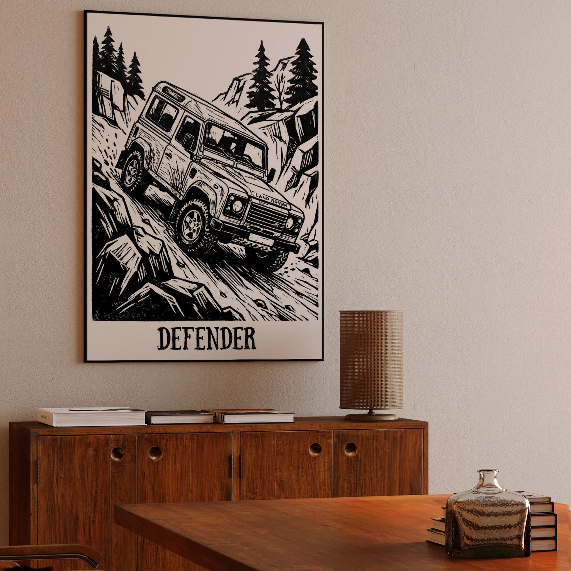 Land Rover Defender 90 Mountain Woodcut