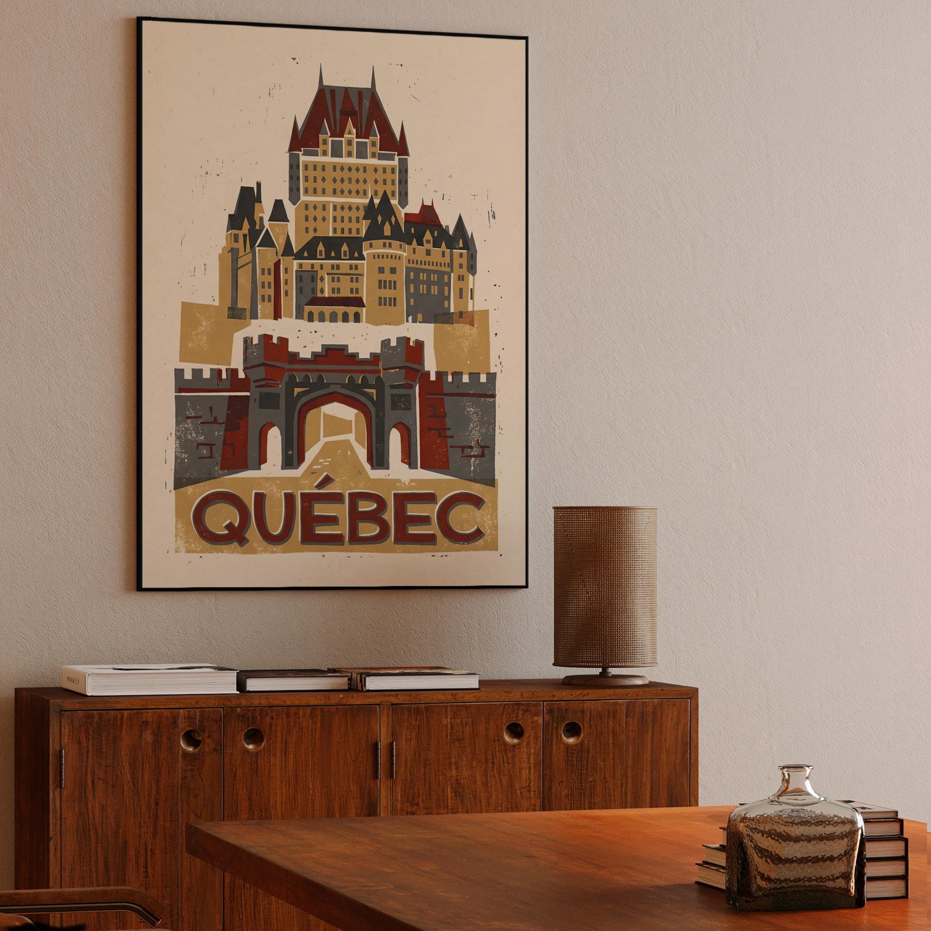 Historic Quebec City: Château Frontenac Woodcut Poster