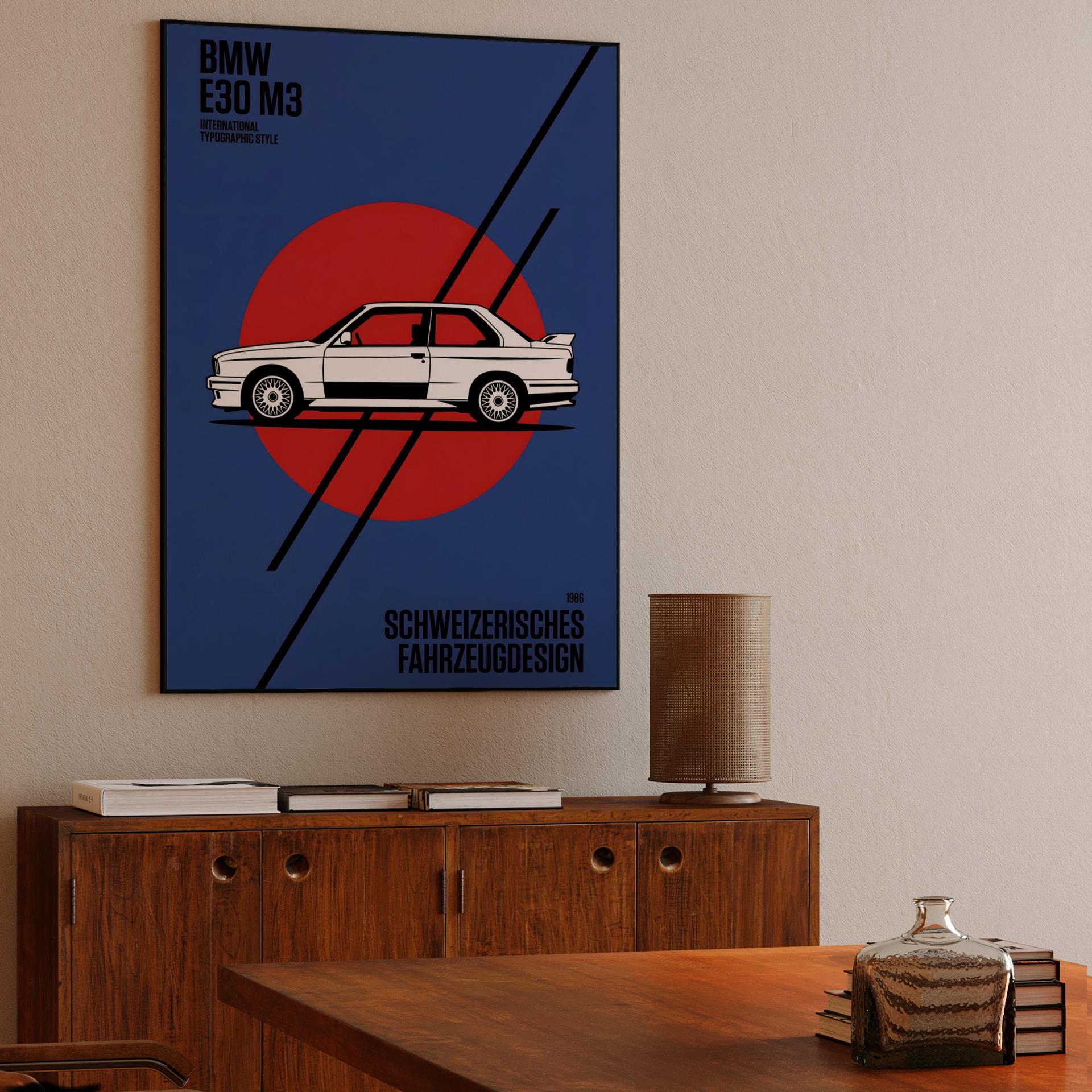 BMW E30 M3 Swiss Style Blue Poster
