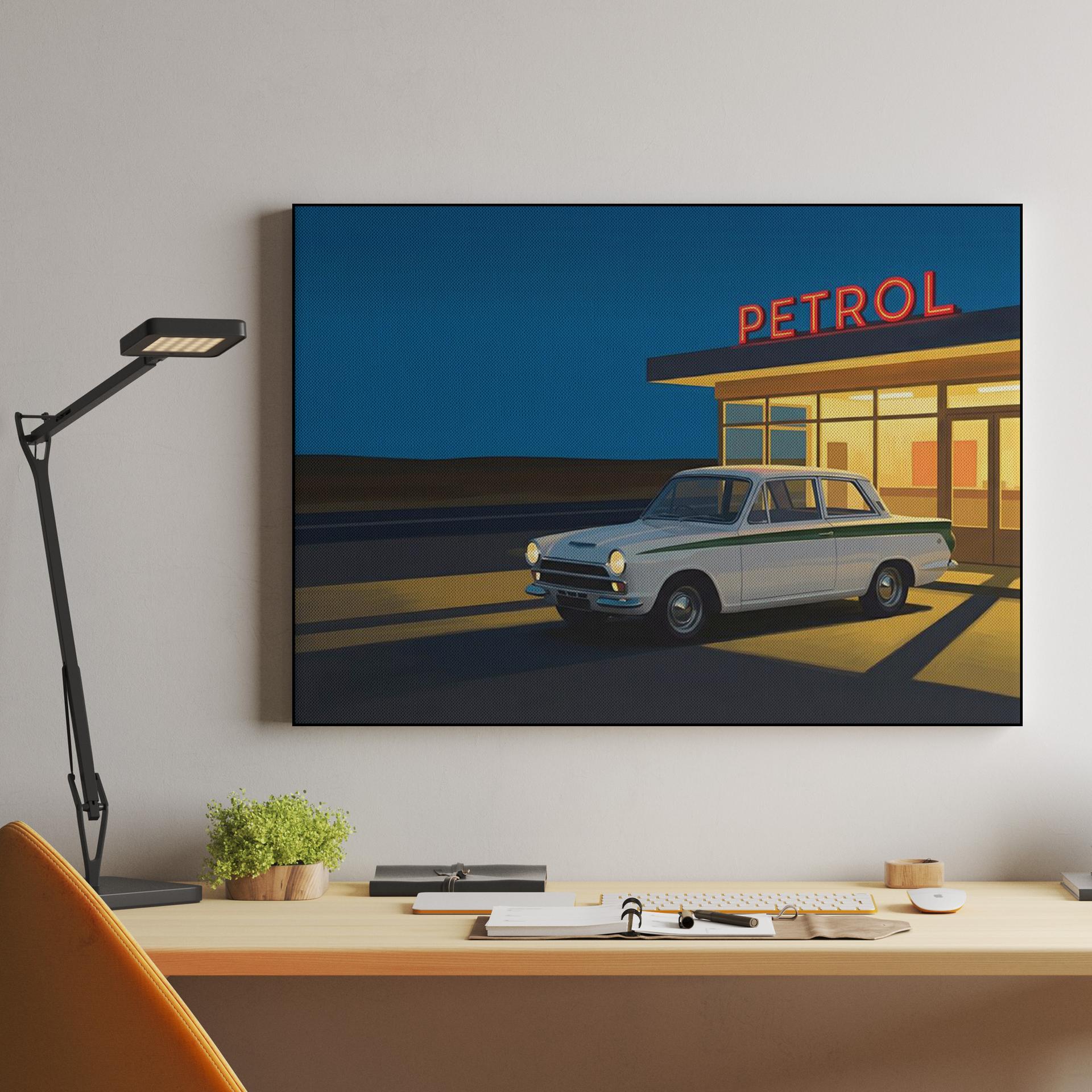 Nocturnal Refuel - Lotus Cortina at the Gas Station