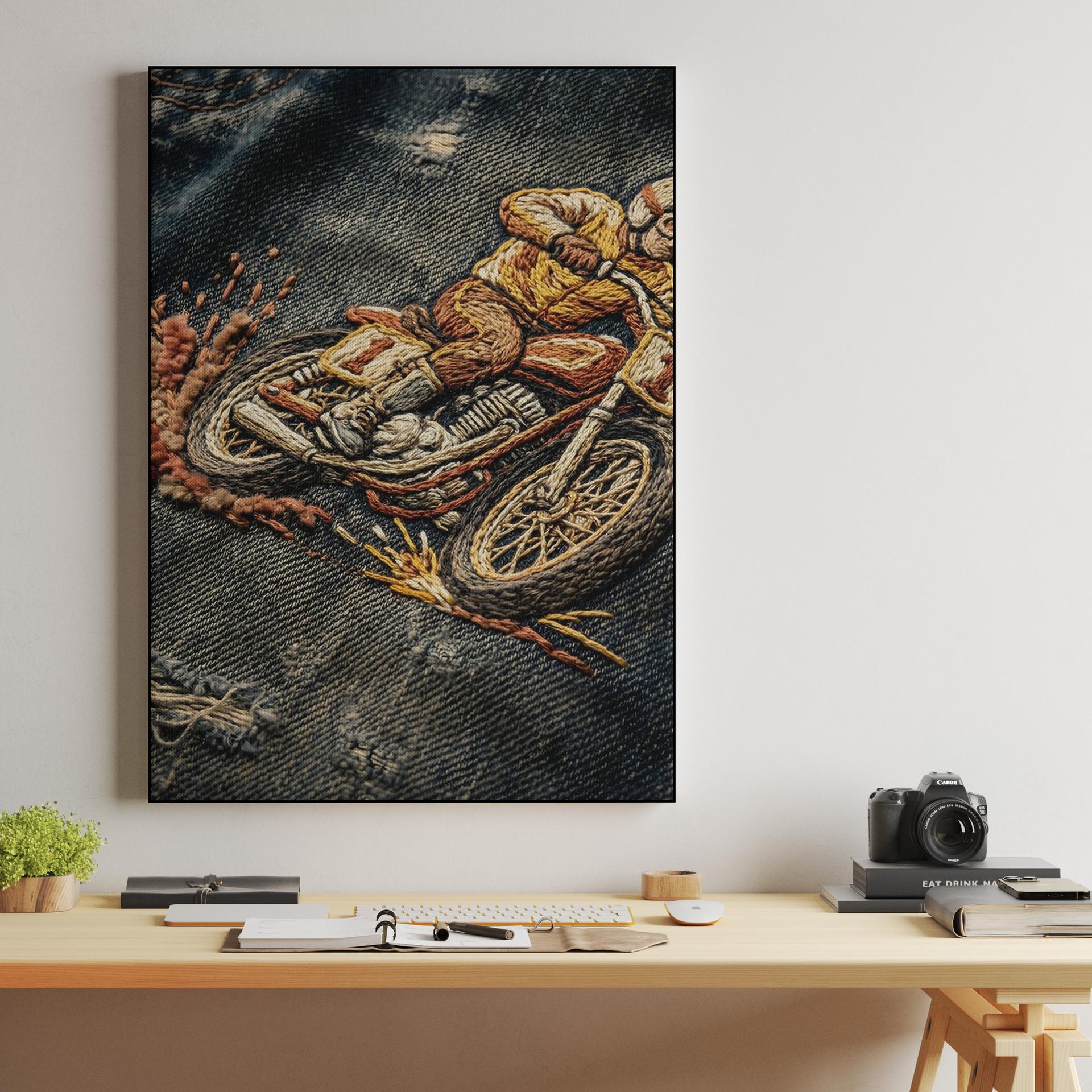 Threaded Torque: Vintage Scrambler Embroidery on Denim