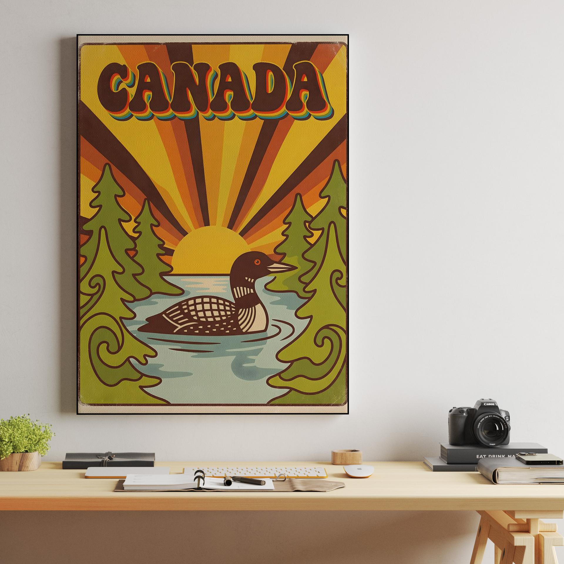 Retro Canada Loon Sunburst Travel Poster