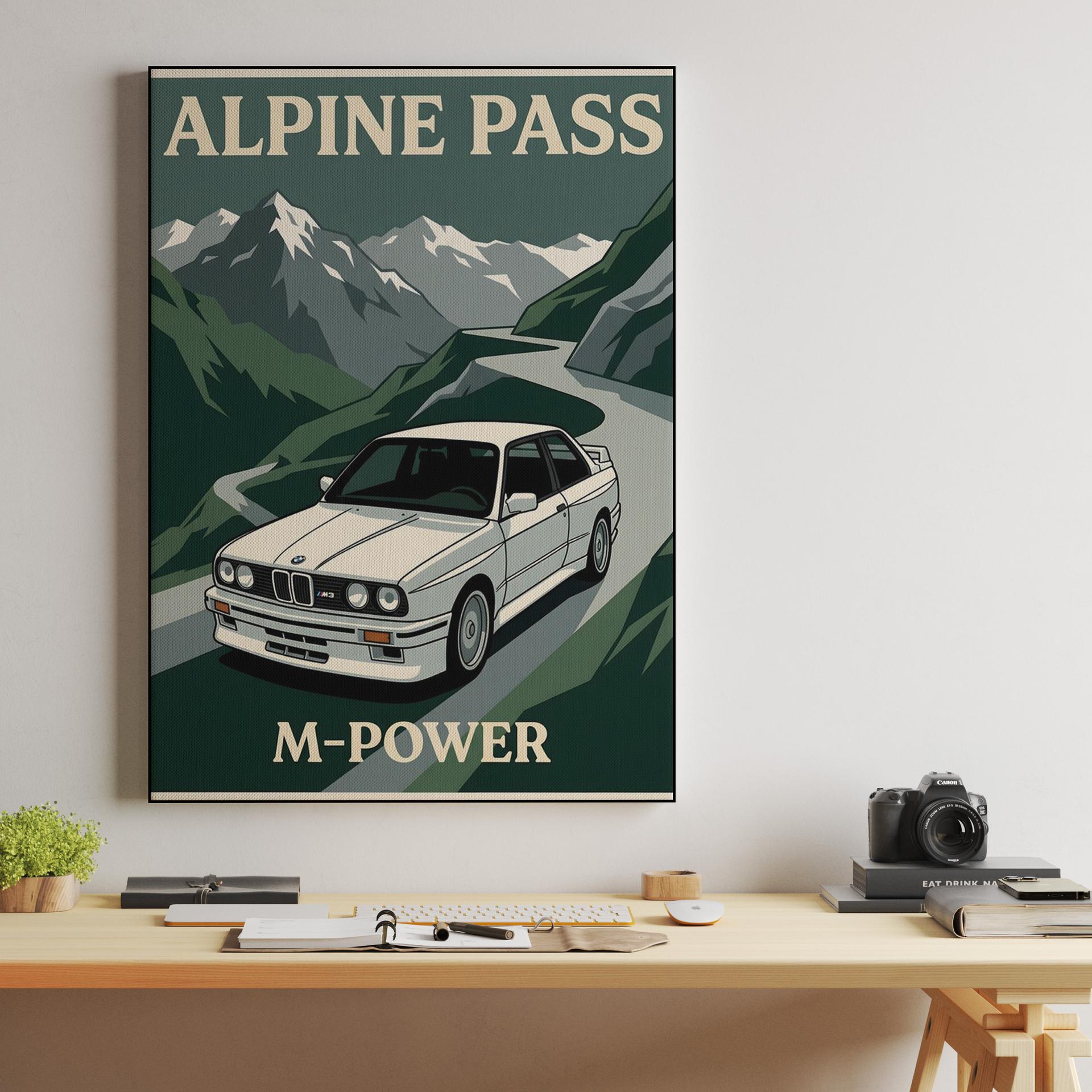 BMW E30 M3 Alpine Pass Retro Poster