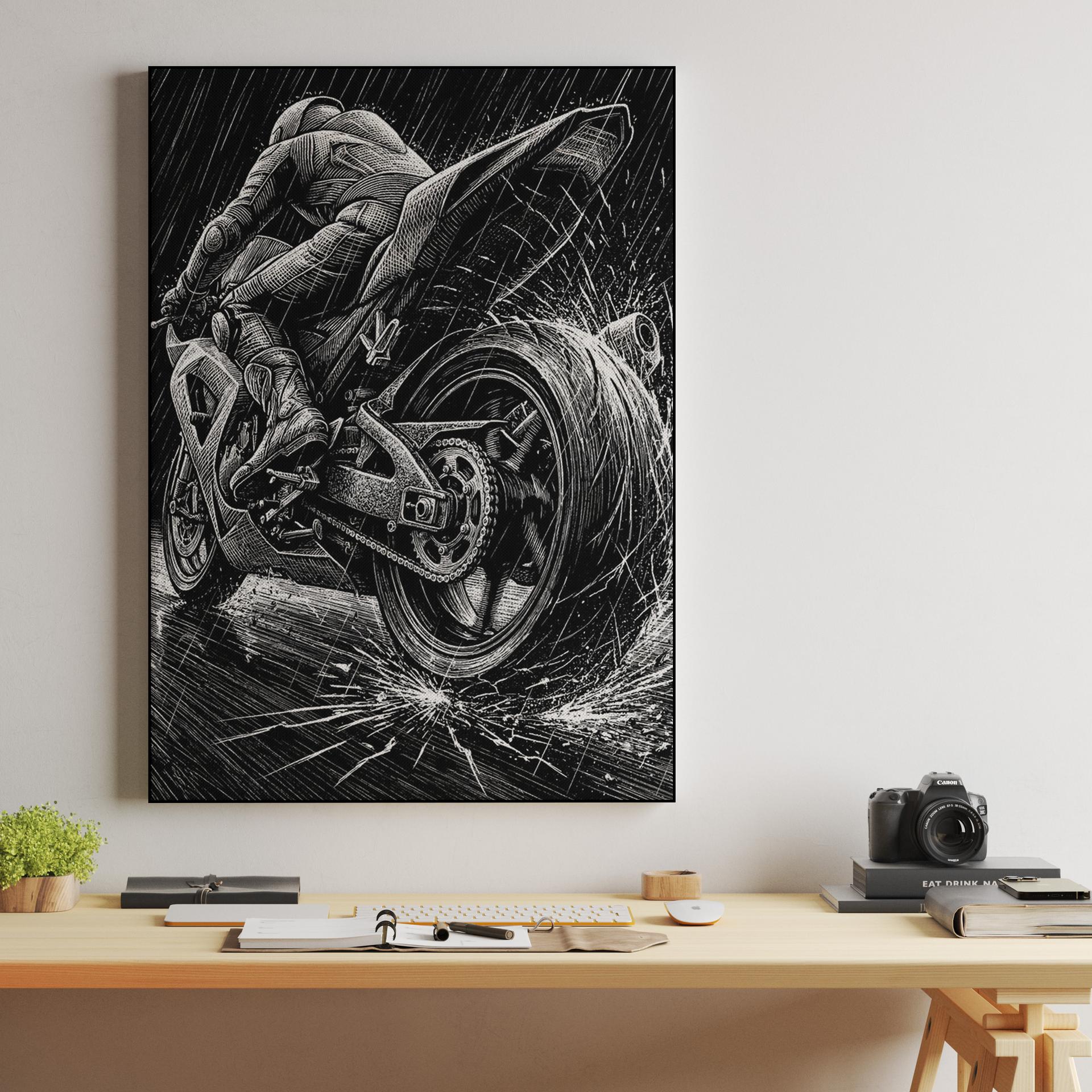 Torrential Velocity: Woodcut Motorcycle Racing in the Rain