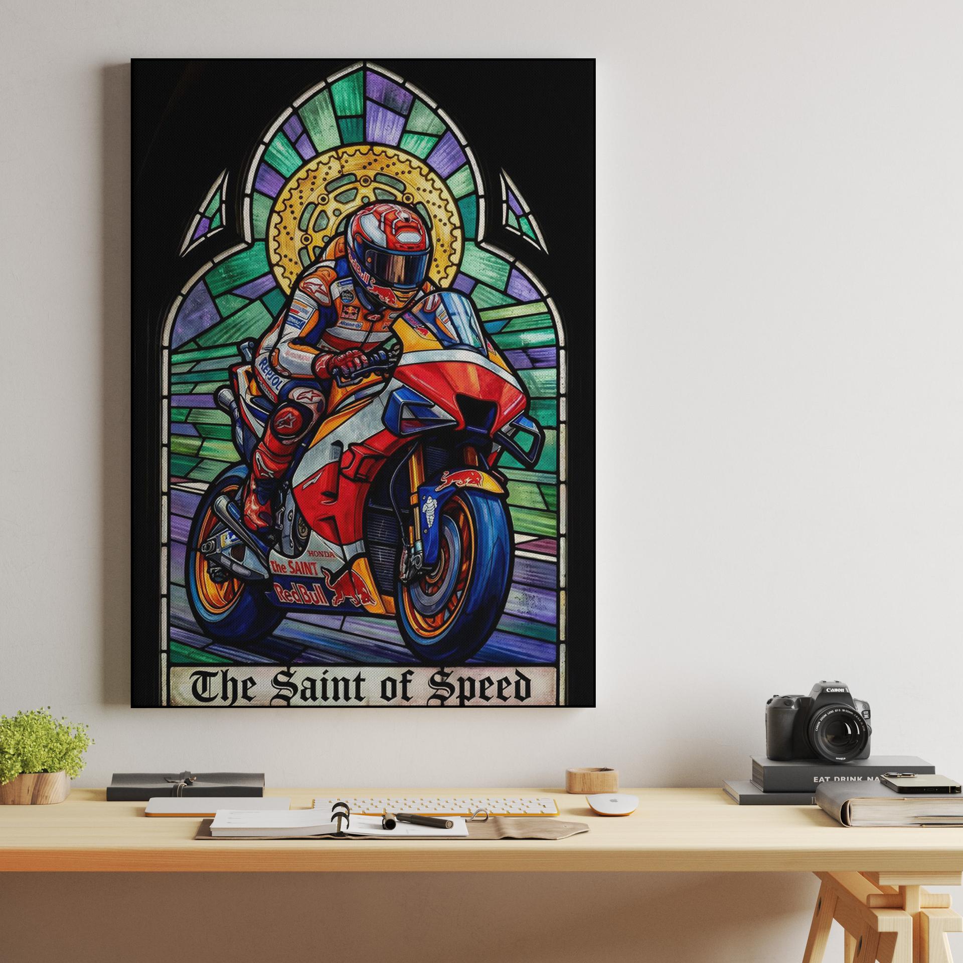 The Saint of Speed: Gothic Stained Glass Sportbike Art