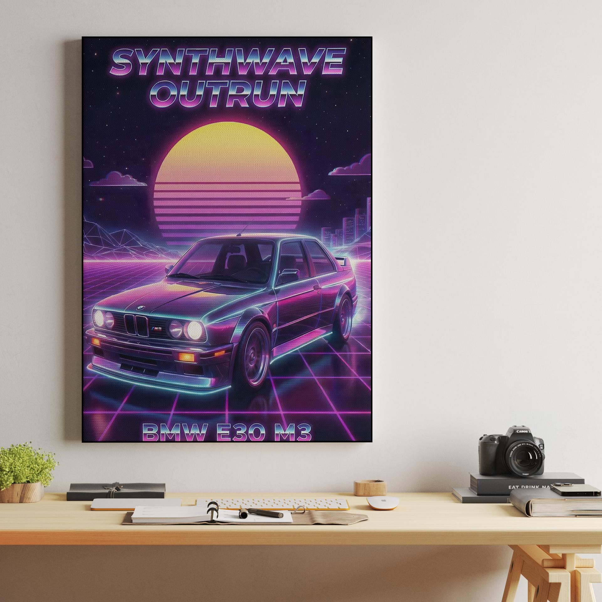 BMW E30 M3 Synthwave Outrun Poster