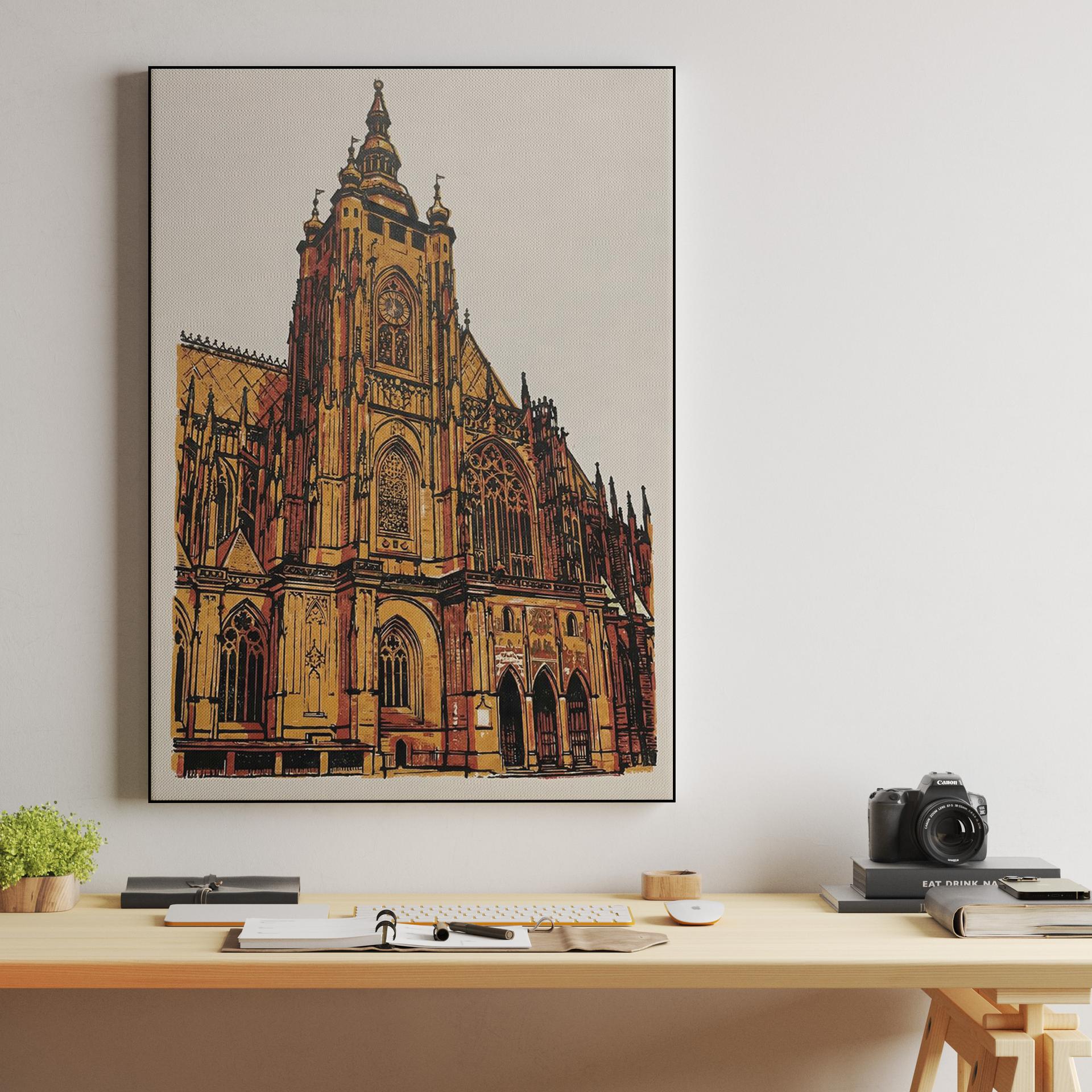 St. Vitus Cathedral Golden Woodcut Illustration