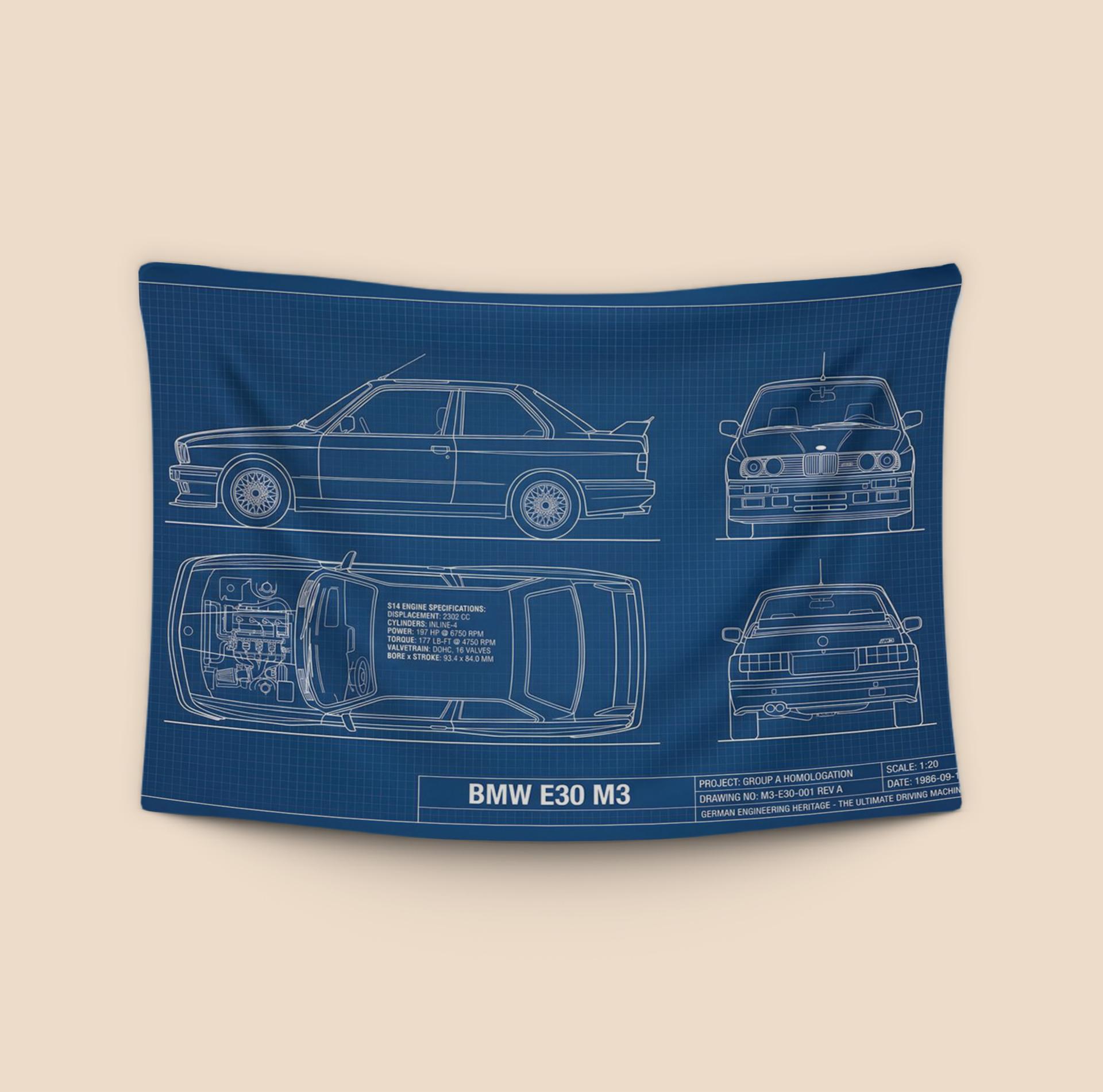 BMW E30 M3 Technical Blueprint Poster
