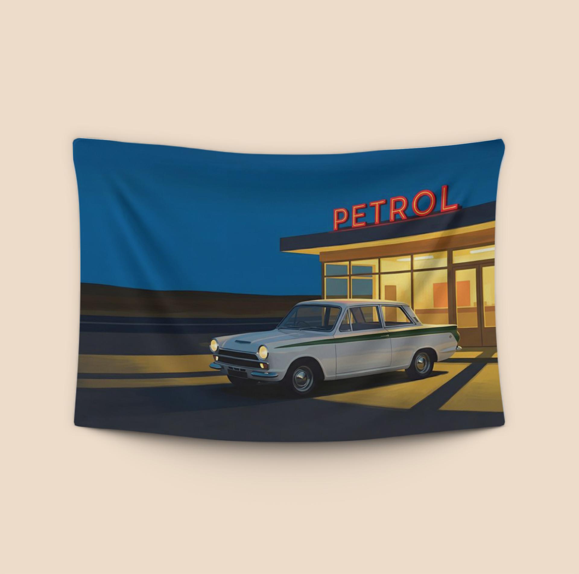 Nocturnal Refuel - Lotus Cortina at the Gas Station
