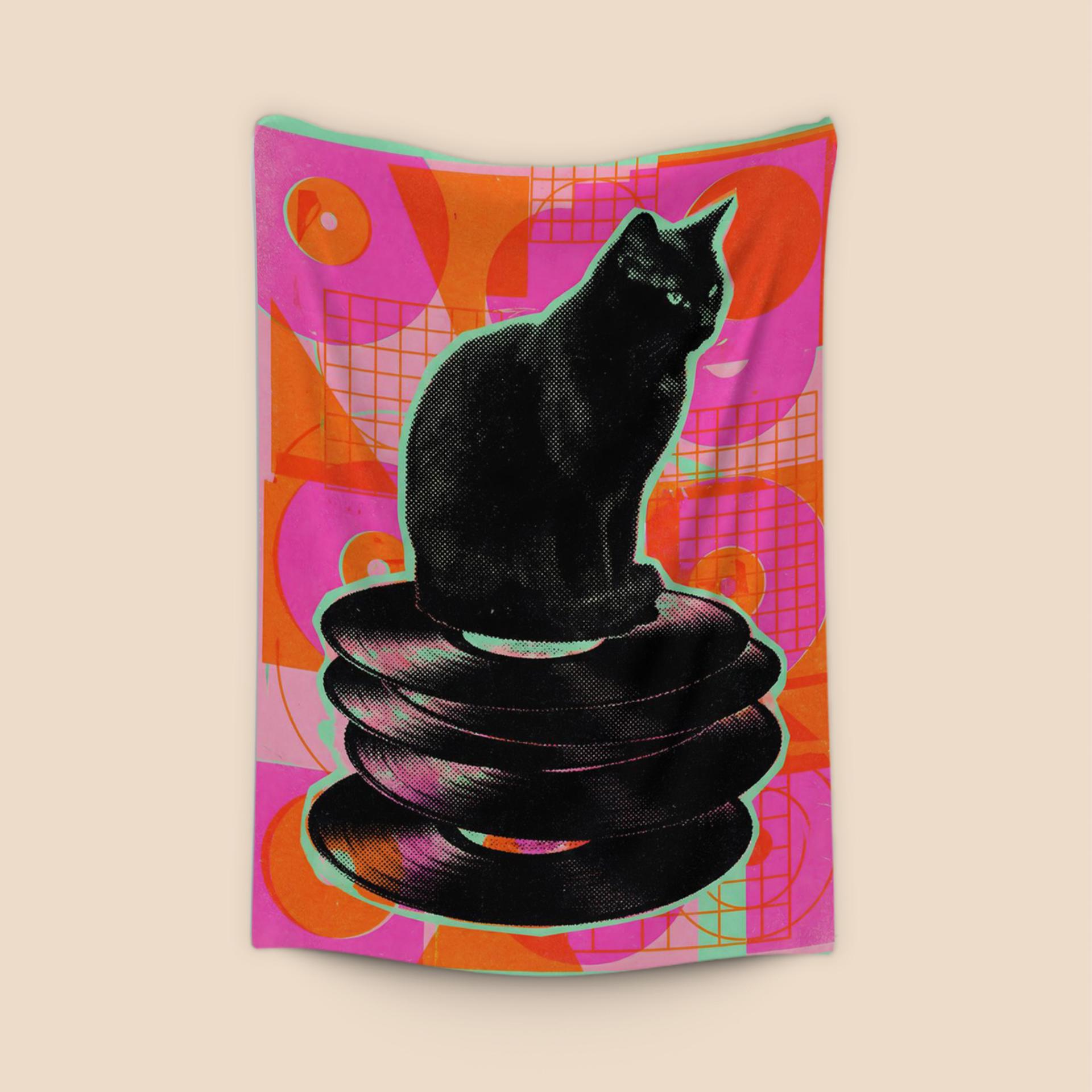 Retro Groove: Black Cat on Vinyl Stack