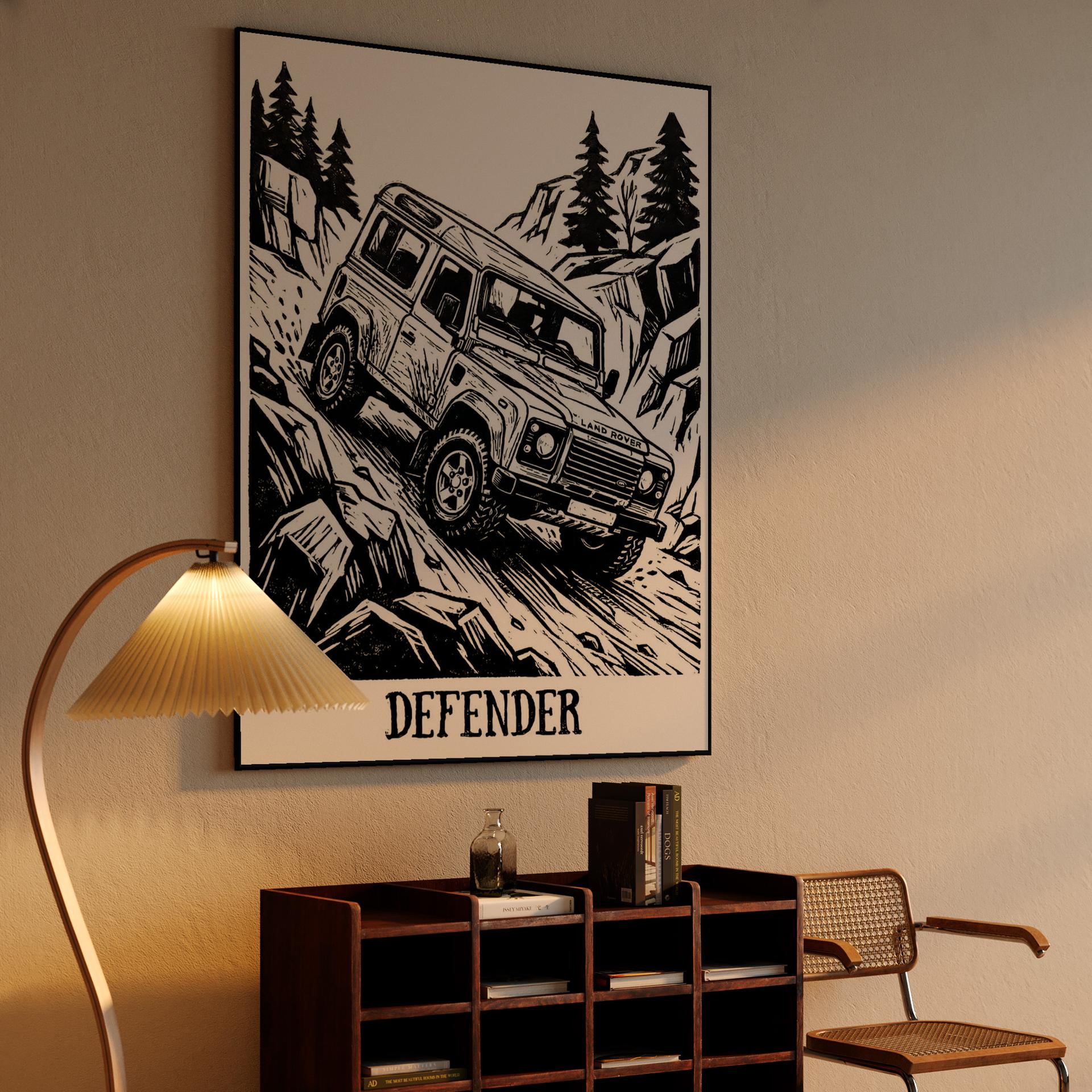 Land Rover Defender 90 Mountain Woodcut