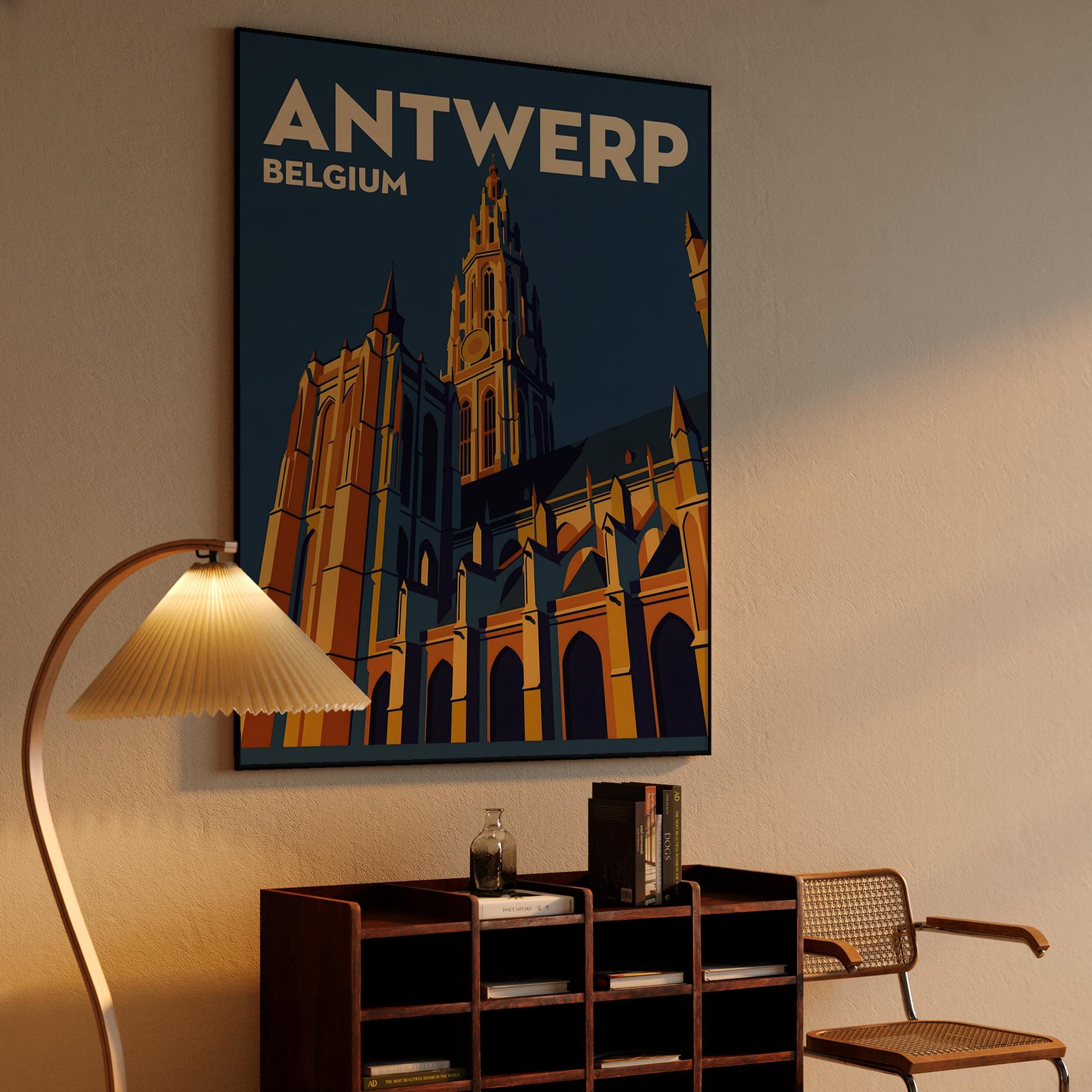 Antwerp Cathedral Retro Travel Poster