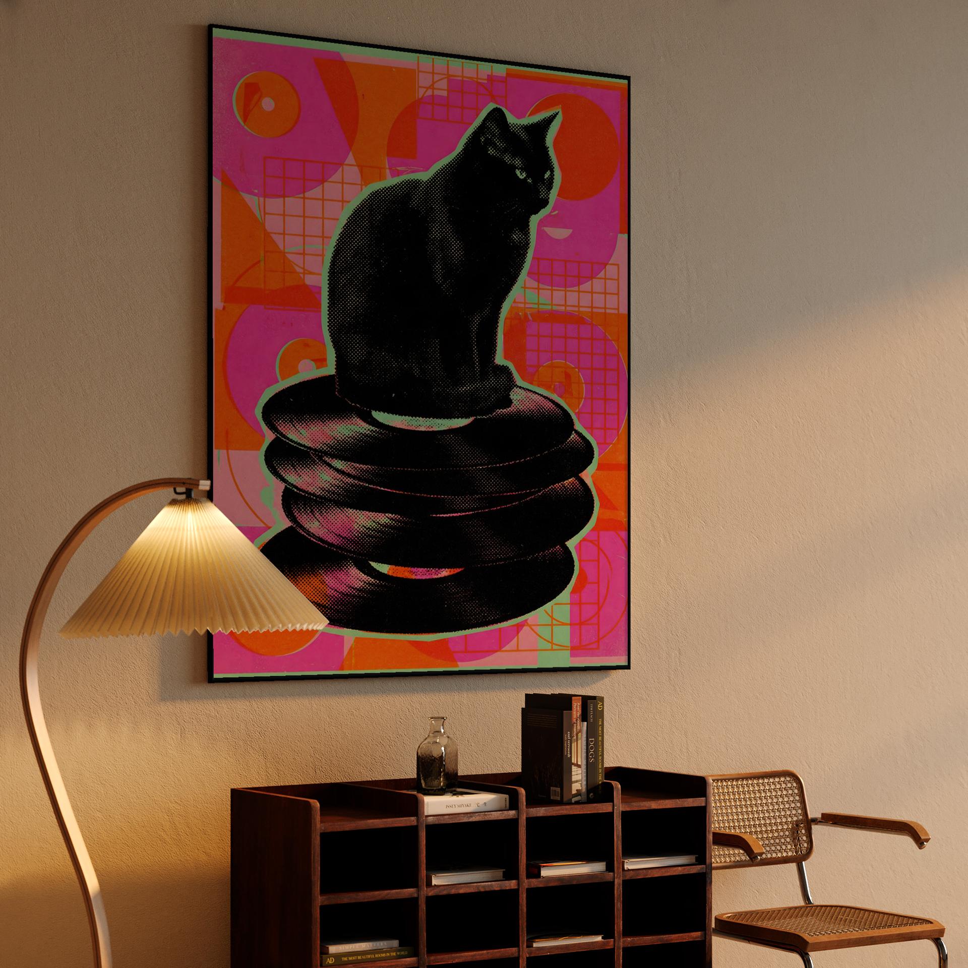 Retro Groove: Black Cat on Vinyl Stack