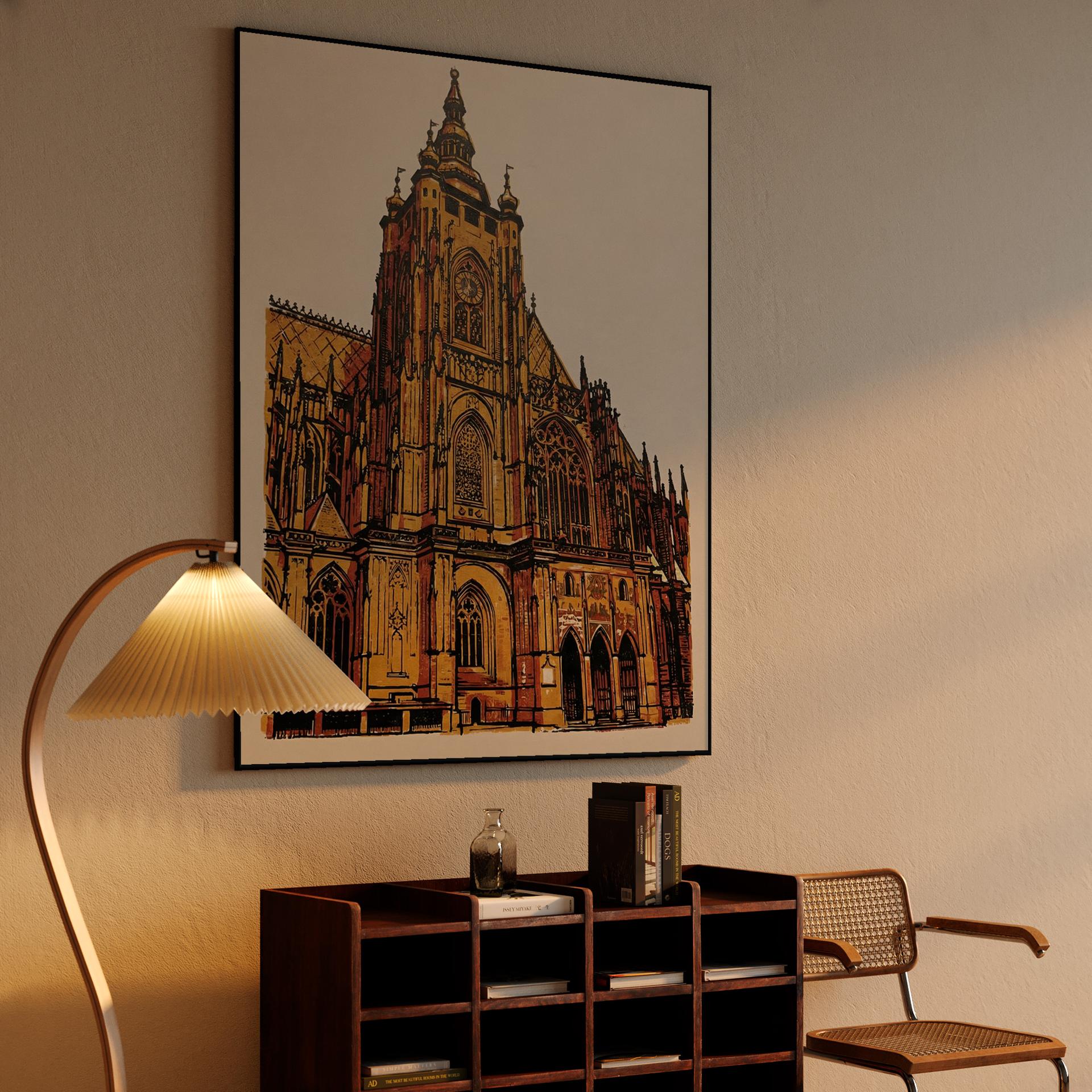 St. Vitus Cathedral Golden Woodcut Illustration