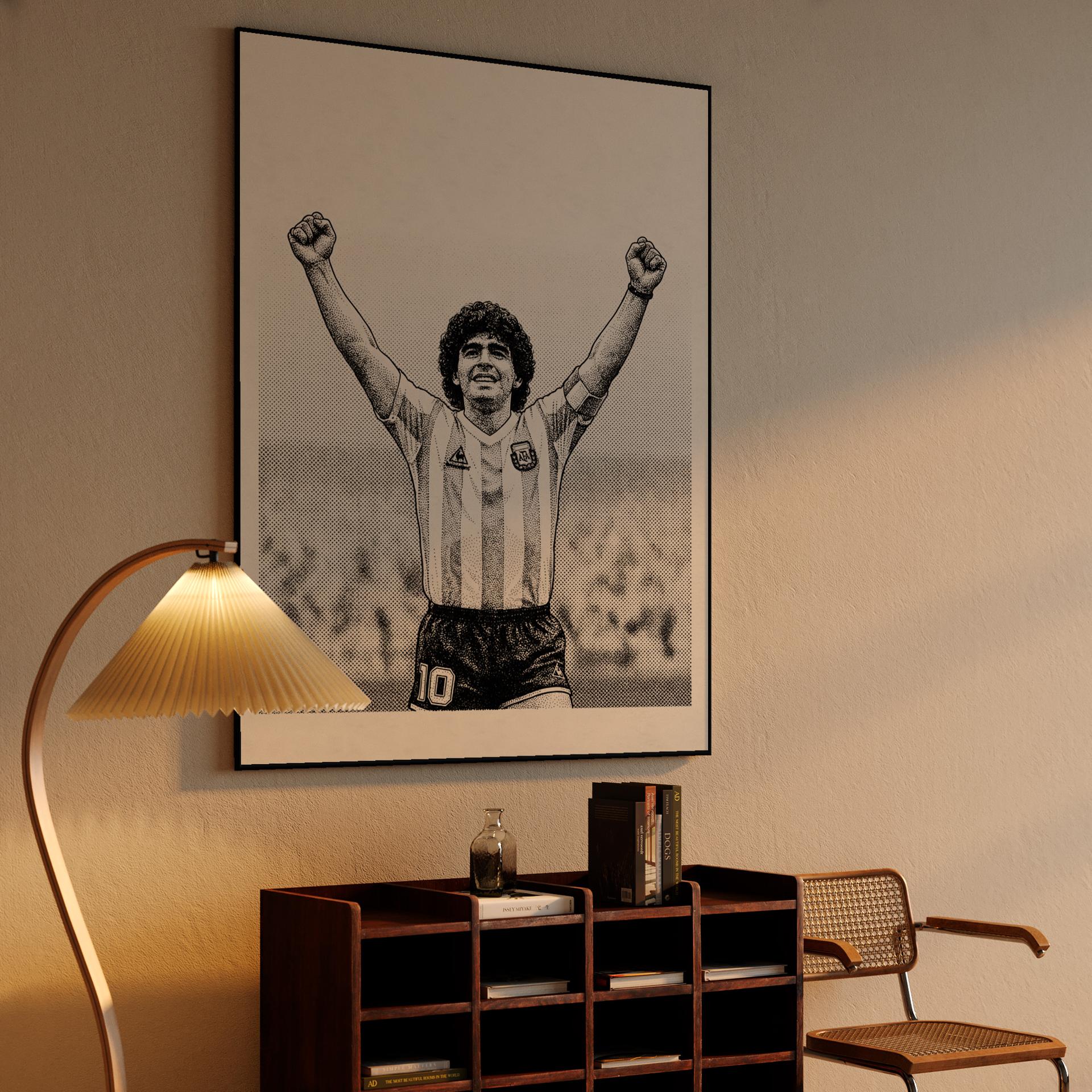 Maradona Triumphant: Stippled Legend in Black and White
