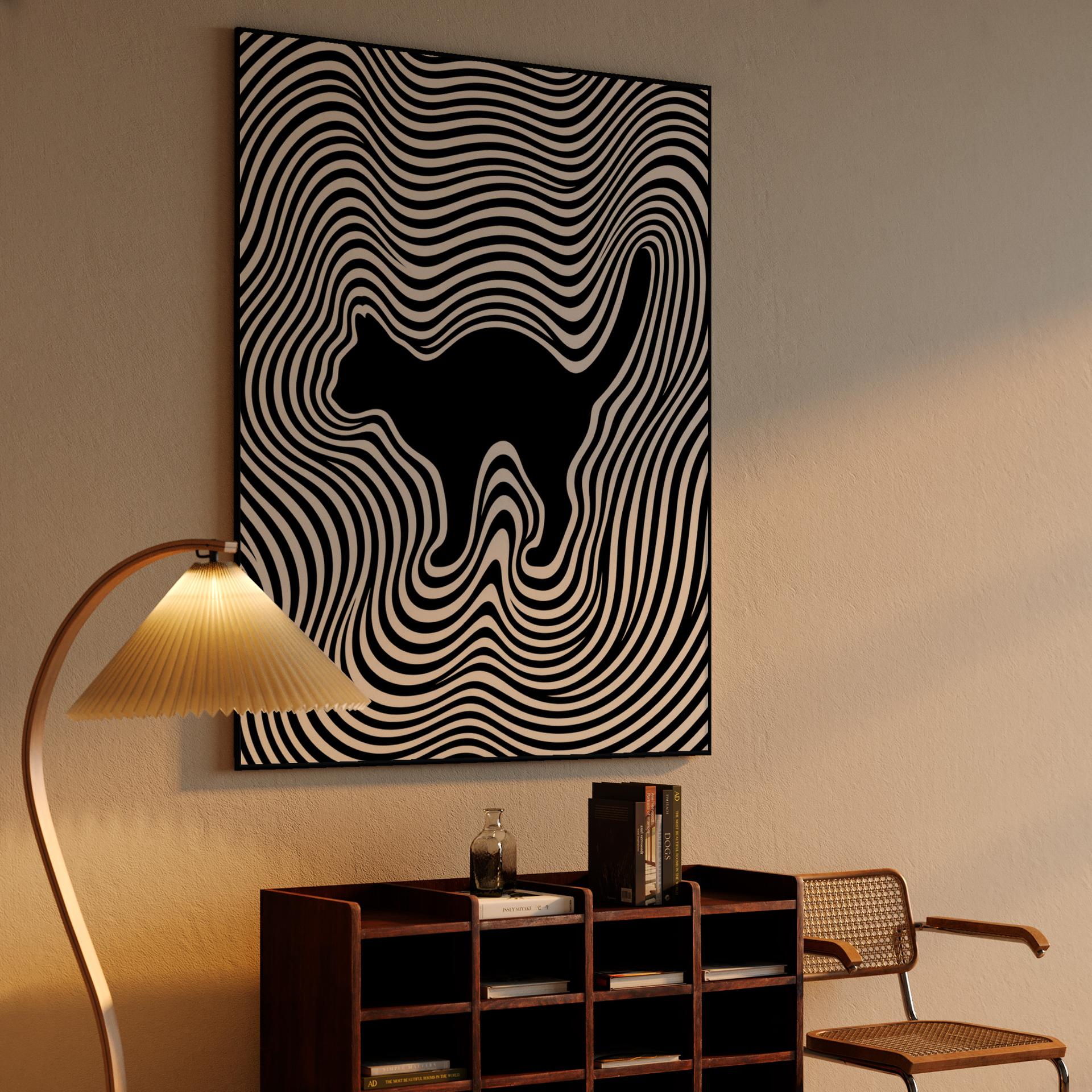 Hypnotic Feline Ripple: Op Art Cat Silhouette