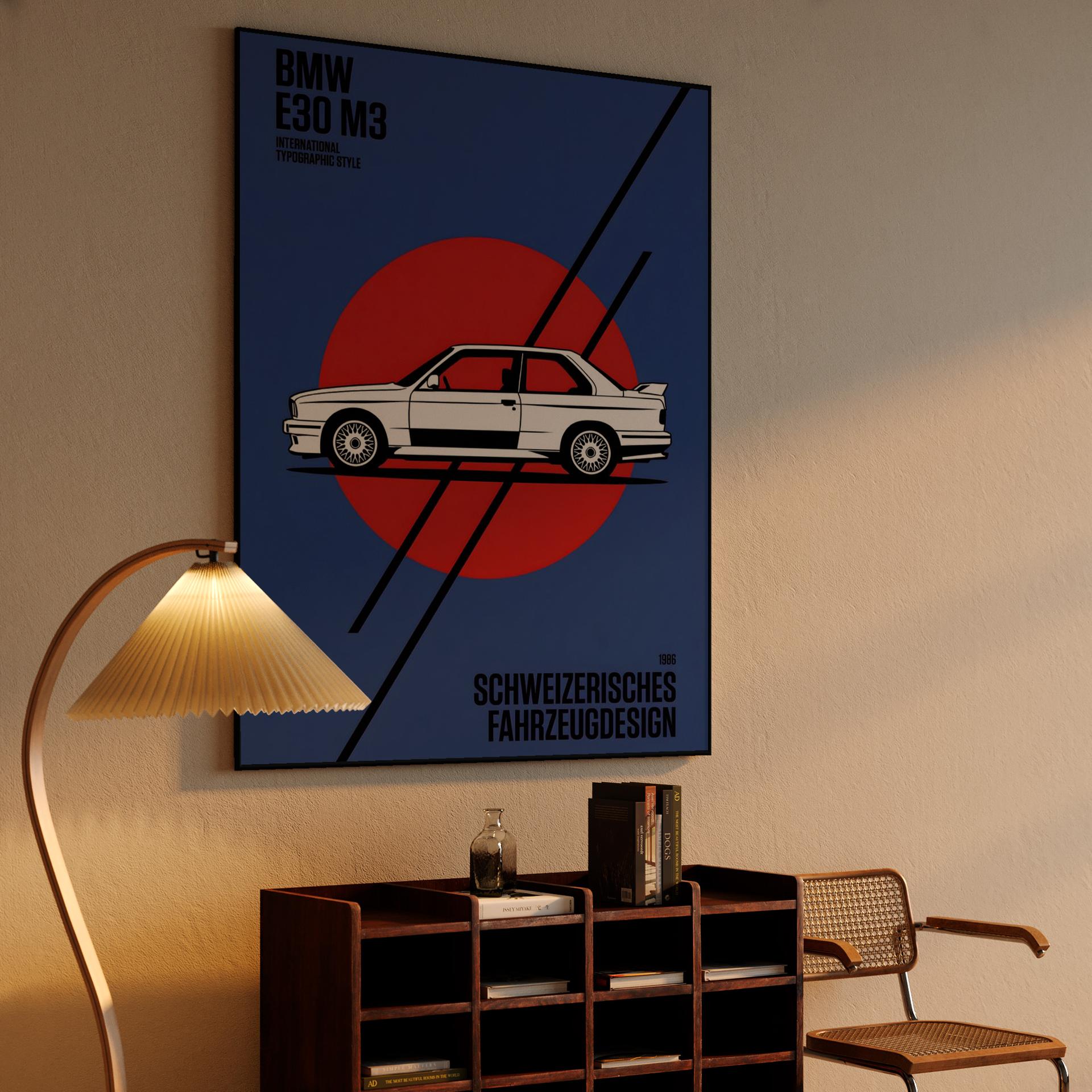 BMW E30 M3 Swiss Style Blue Poster