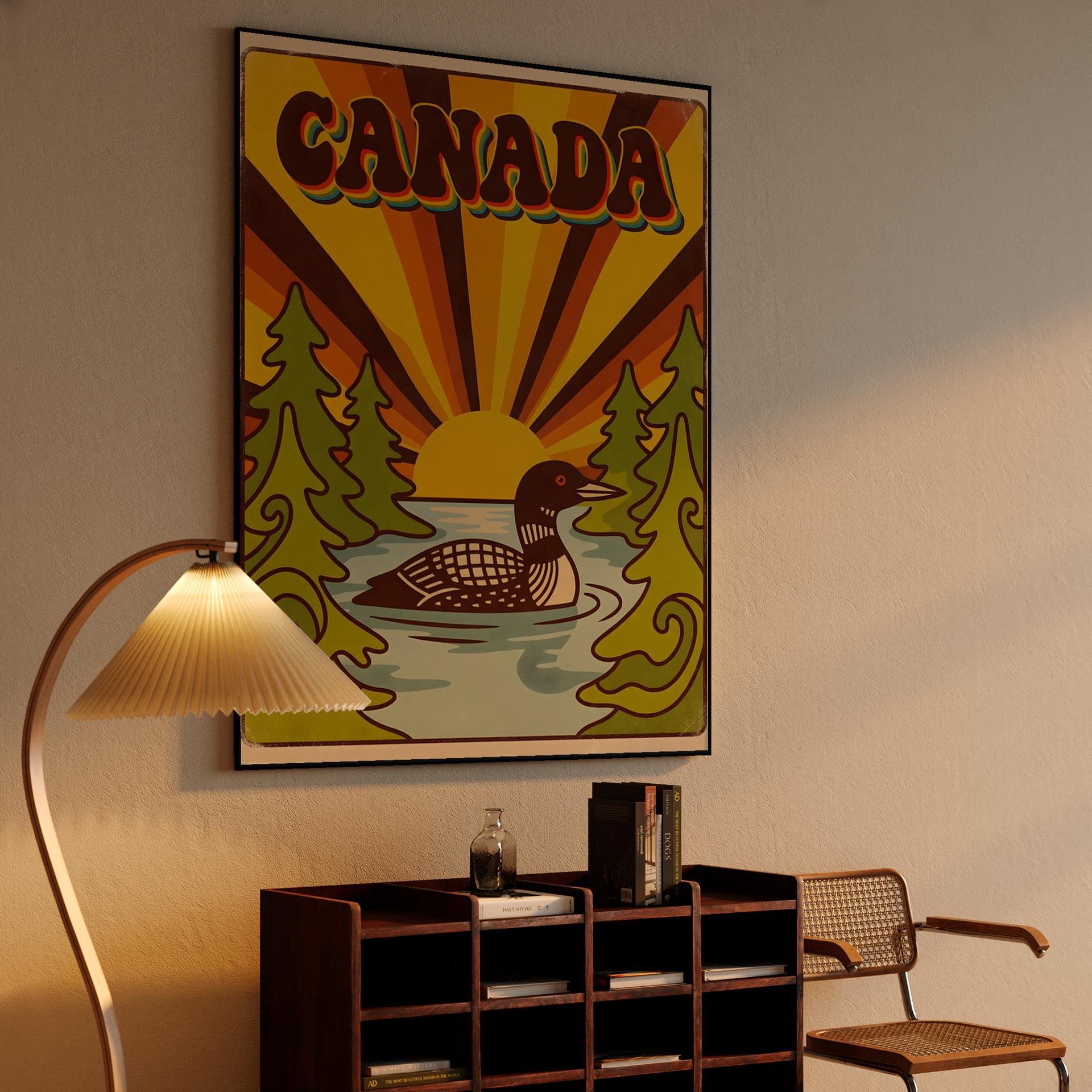 Retro Canada Loon Sunburst Travel Poster
