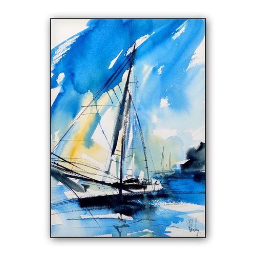 Blue and yellow sailboat, blue watercolor seascape painting wall art poster