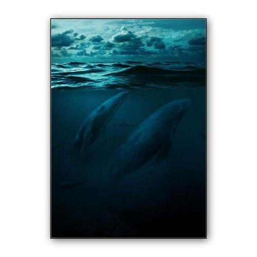 Whales in big ocean wall art poster