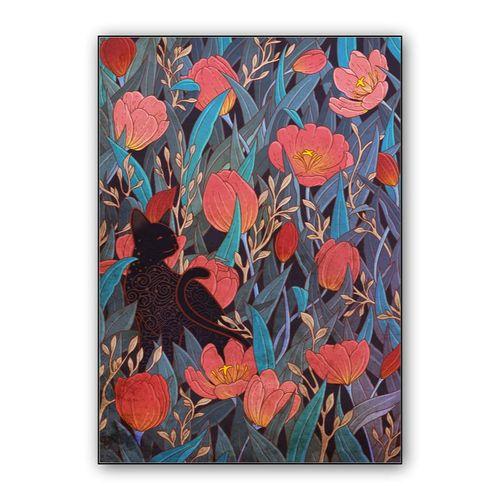 Black cat and tulips wall art poster