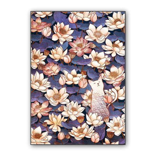 White cat and lotus wall art poster