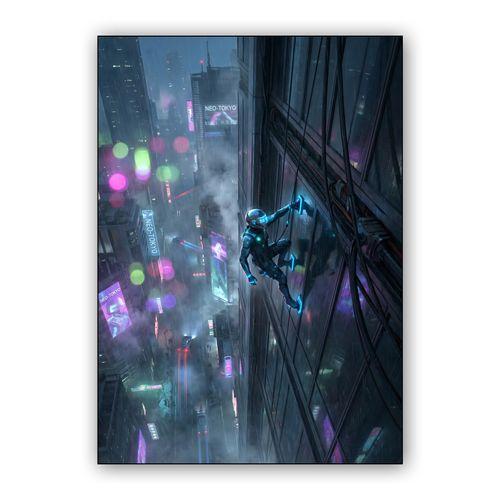 Neo-Tokyo Ascent: The Cybernetic Climber wall art poster