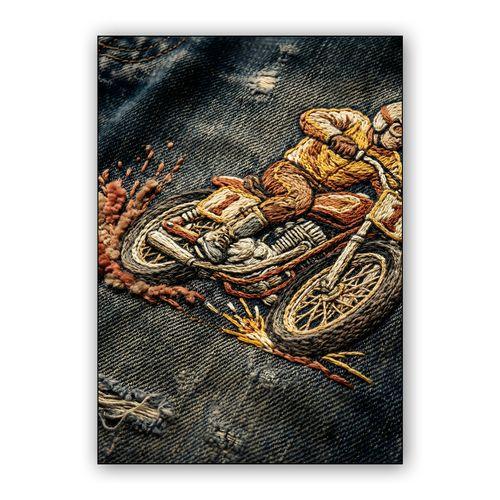Threaded Torque: Vintage Scrambler Embroidery on Denim wall art poster