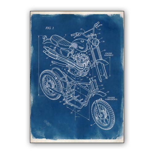 Mechanical Heritage: Vintage Scrambler Exploded Blueprint wall art poster