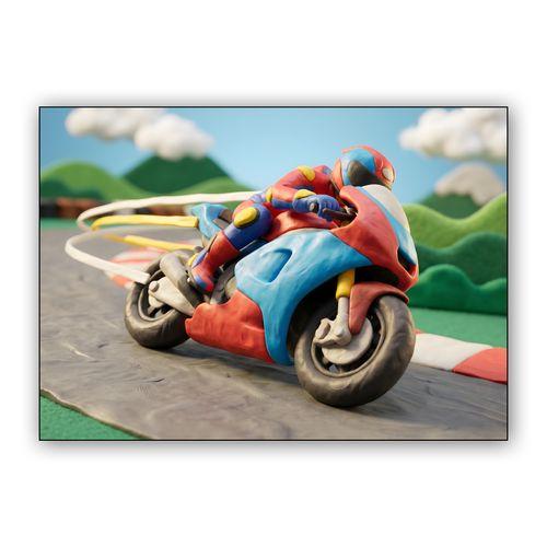 Clay Circuit: The Red and Blue Racer's High-Speed Lean wall art poster