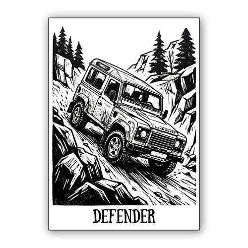 Land Rover Defender 90 Mountain Woodcut wall art poster