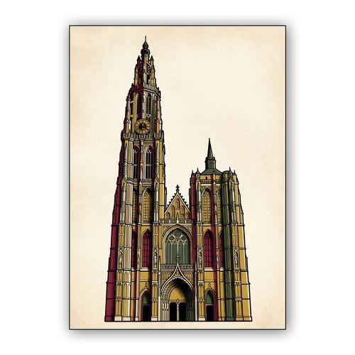 Vintage Antwerp Cathedral Illustration wall art poster