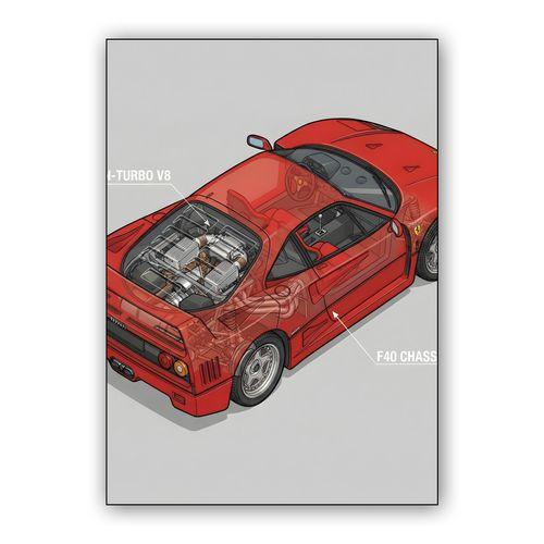 Ferrari F40 Technical Cutaway Illustration wall art poster