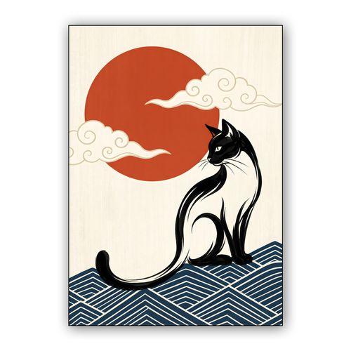 Celestial Zen: Japanese Style Black Cat & Rising Sun wall art poster