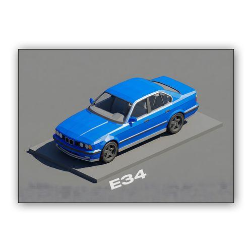 Blue E34: Low Poly Isometric Render wall art poster