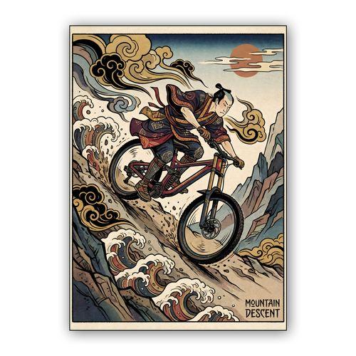 Samurai Mountain Descent: Ukiyo-e MTB wall art poster