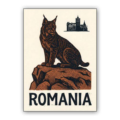 Wild Romania: Lynx and Bran Castle Woodcut Poster wall art poster