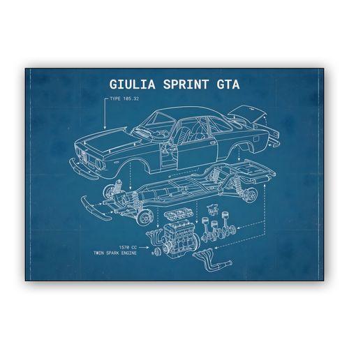 Alfa Romeo Giulia Sprint GTA Exploded View Blueprint wall art poster
