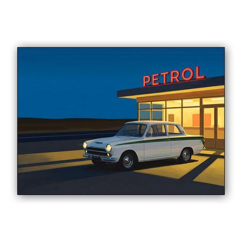 Nocturnal Refuel - Lotus Cortina at the Gas Station wall art poster