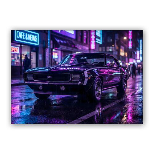 Camaro SS Neon City Rain wall art poster