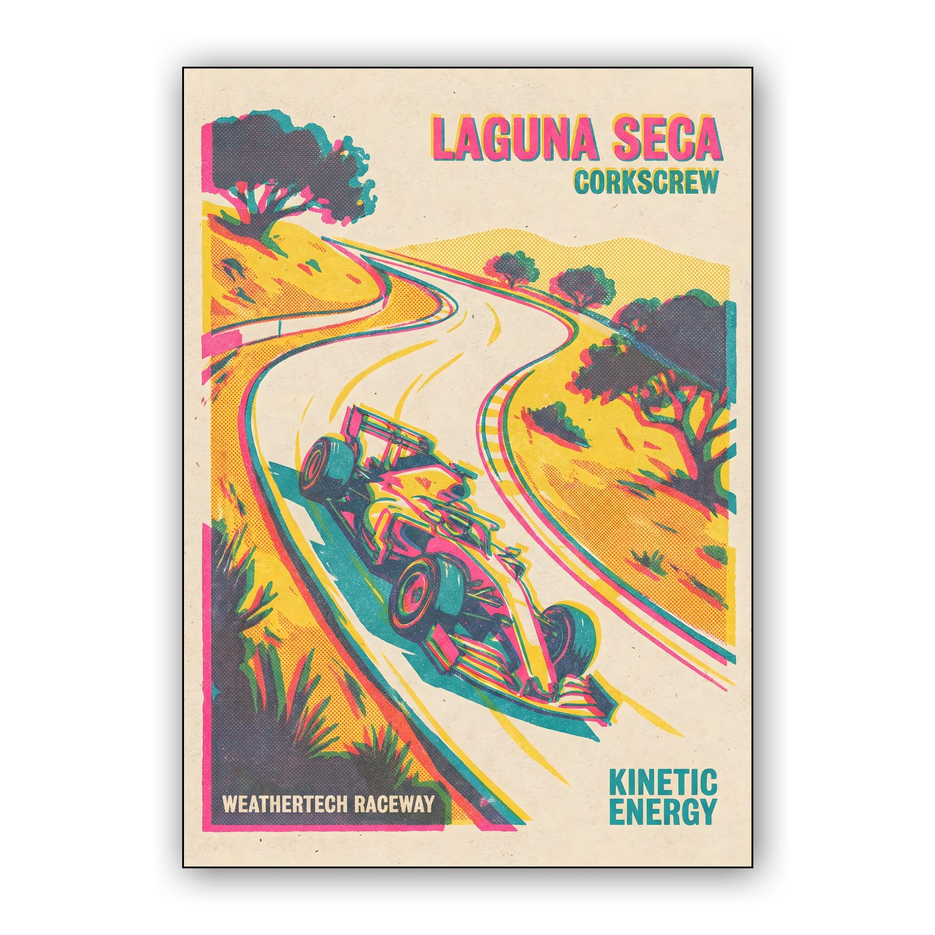Kinetic Energy: Laguna Seca Corkscrew Retro Racing Poster