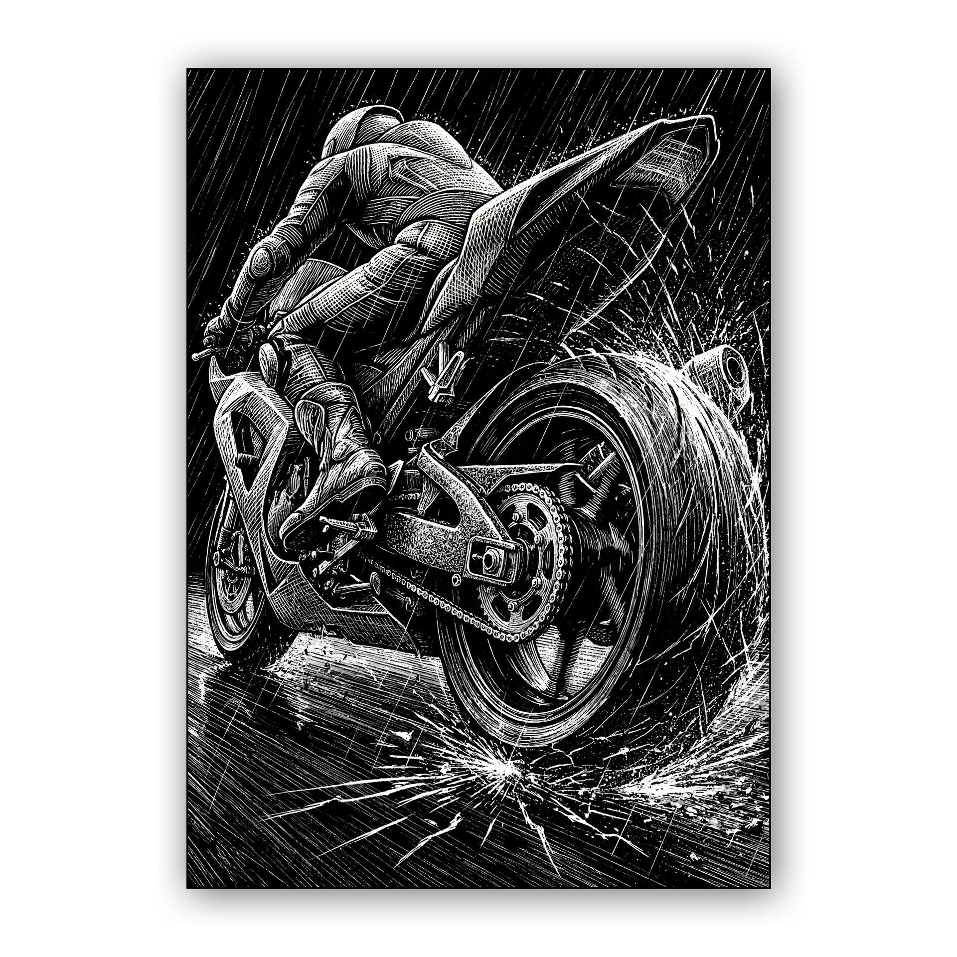 Torrential Velocity: Woodcut Motorcycle Racing in the Rain