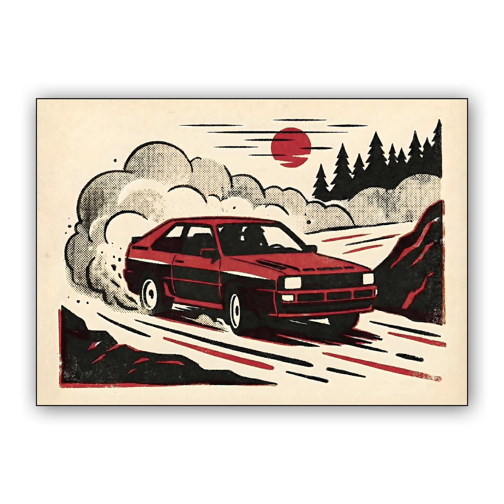 Audi Sport Quattro Rally Drift Woodcut Illustration