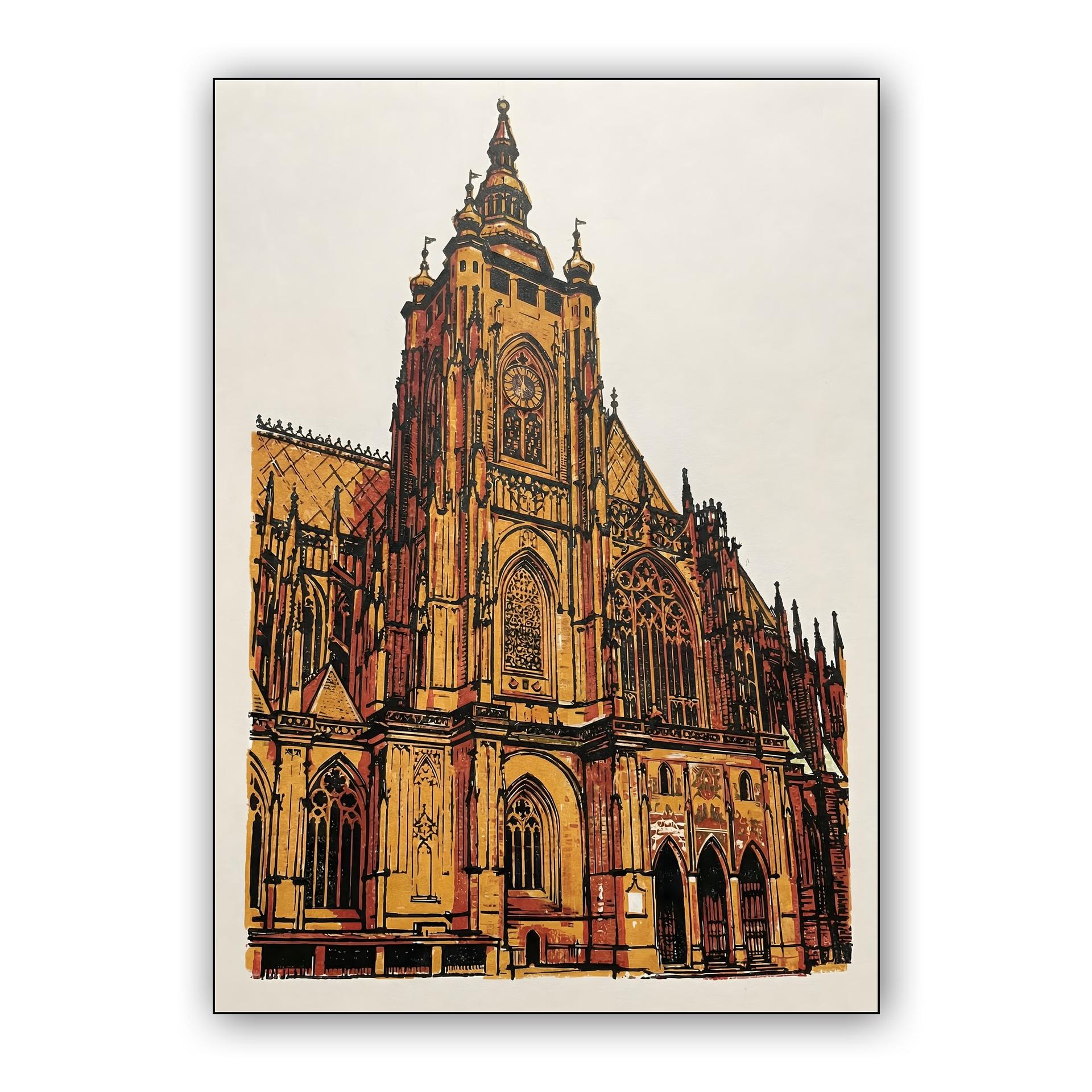 St. Vitus Cathedral Golden Woodcut Illustration